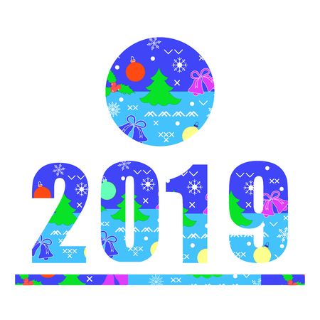 Numbers 2019 decorated with Christmas symbols. Festive background. Mistletoe, bells, Christmas balls, snowflakes, Christmas tree.のイラスト素材