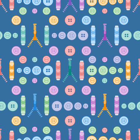Seamless pattern with zipper, buttons, threads. Sewing and needlework background. Template for design, fabric, print.のイラスト素材
