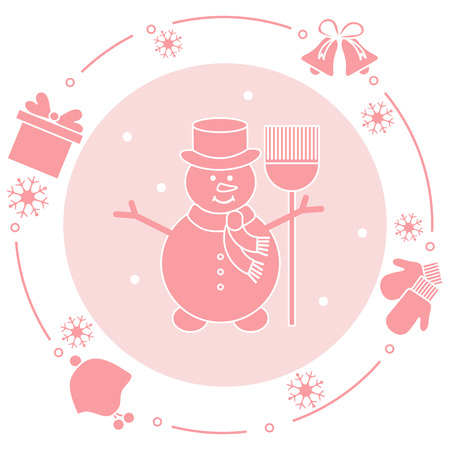 Vector illustration: snowman in hat with broom, gift, rings, mittens, children's hat, snowflakes. Funny cartoon winter illustration. Happy New Year, Merry Christmas elements.のイラスト素材