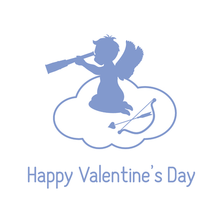 Vector illustration with cupid sits on a cloud and looks into a telescope, near the bow and arrow. Love symbol. Design for banner, poster or print.のイラスト素材