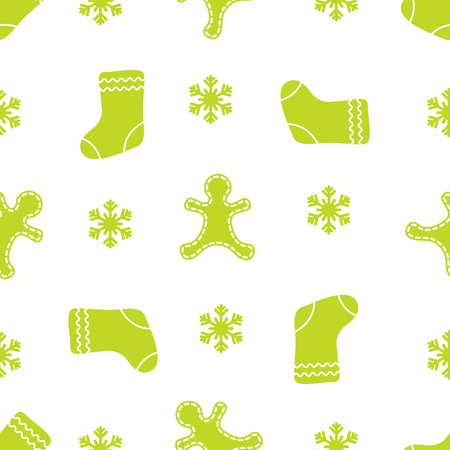Seamless pattern with gingerbread man, christmas socks, snowflakes. Christmas and New Year 2019 background. Design for packaging paper, fabric and other print.のイラスト素材