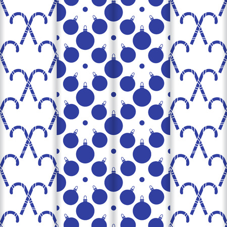 Set of 4 Happy New Year 2019 and Christmas seamless pattern. Vector illustration with candy canes and Christmas balls. Design for wrapping, fabric, print.のイラスト素材