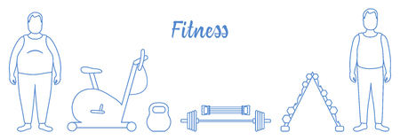 Time to fitness and sports. Healthy lifestyle. Men involved in sports. Slimming. Sports equipment: exercise bike, expander, barbell, dumbbells, kettlebell.のイラスト素材