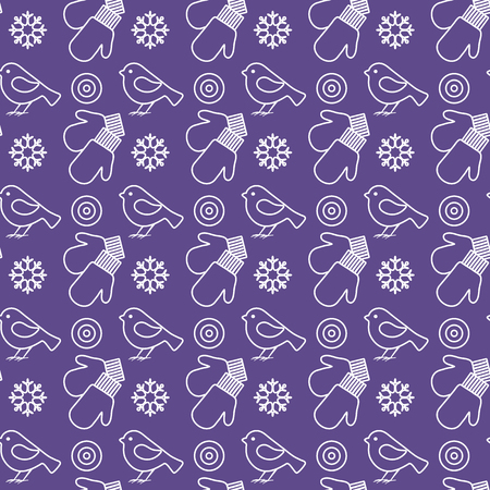 Vector winter seamless pattern with snowflakes, birds, mittens. Christmas and New Year 2019 background. Design for wrapping, fabric, print.のイラスト素材