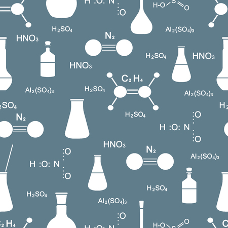 Scientific vector seamless pattern with flasks, beakers, molecule structure and formulas. Education elements. Chemistry, biology, medicine.のイラスト素材