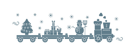 Funny vector illustration with Christmas train carries Christmas tree, snowman with broom, gifts. Happy New Year 2019, Christmas card.のイラスト素材
