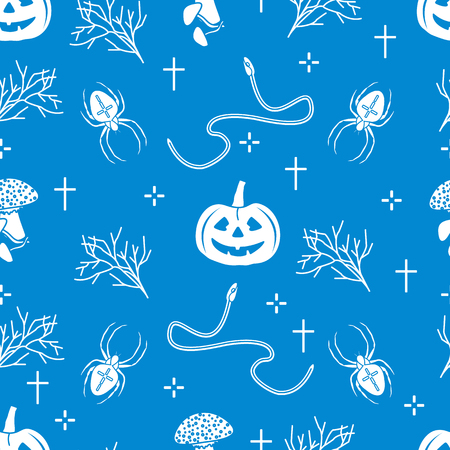 Halloween 2019 vector seamless pattern with pumpkins, branches, spiders, snakes, crosses. Design for decoration, wrapping, greeting cards, web page background, fabric, print.のイラスト素材