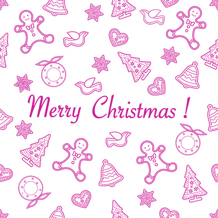 Seamless pattern with christmas and new year symbols. Christmas trees, Christmas wreath, gingerbread man, birds, bells, stars, hearts.のイラスト素材