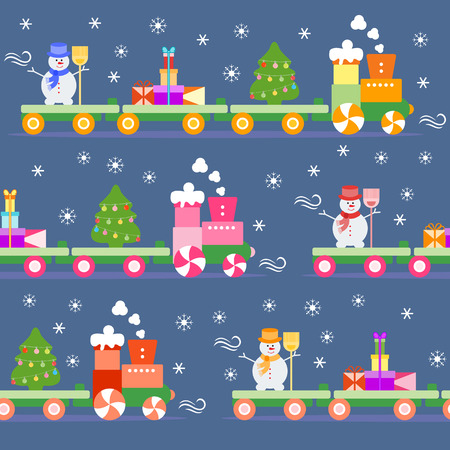 Seamless pattern with Christmas train carries Christmas tree, snowman with broom, gifts. Happy New Year 2019, Christmas card.のイラスト素材