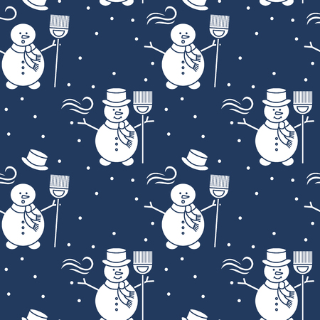 Seamless pattern with snowman, broom, hat, wind, snow. Funny pattern on a winter theme.のイラスト素材