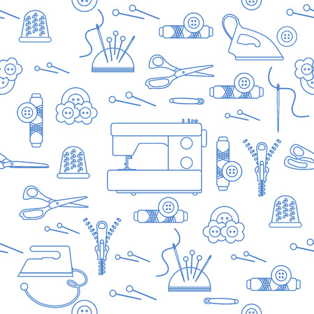 Seamless pattern with zipper, needles, thimble, pins, threads, buttons, scissors, sewing machine, iron. Sewing and needlework background. Template for design, fabric, print.のイラスト素材