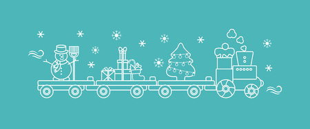 Funny vector illustration with Christmas train carries Christmas tree, snowman with broom, gifts. Happy New Year 2019, Christmas card.のイラスト素材