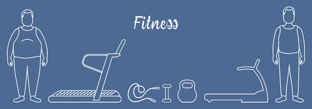 Time to fitness and sports. Healthy lifestyle. Men involved in sports. Slimming. Sports equipment: treadmills, skipping pins, dumbbells, kettlebell.のイラスト素材