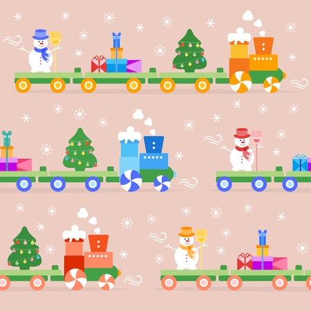 Seamless pattern with Christmas train carries Christmas tree, snowman with broom, gifts. Happy New Year 2019, Christmas card.のイラスト素材