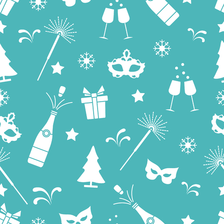 Seamless pattern with new year symbols. Gifts, fireworks, bottle and glasses with champagne, christmas tree, mask, stars, snowflakes.のイラスト素材