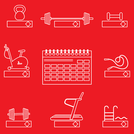 Time to fitness. 2019 fitness concept with sports equipment. Healthy lifestyle. Calendar, weight, barbell, dumbbells, jumpers, treadmill, pool, exercise bike.のイラスト素材