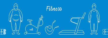 Time to fitness and sports. Healthy lifestyle. Women involved in sports. Slimming. Sports equipment: yoga mats, treadmill, exercise bike, skipping pins.のイラスト素材