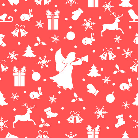 Happy New Year 2019 and Christmas seamless pattern. Winter illustration with angel, mittens, rabbit, sled, gift, snowflakes, deer, bell, Christmas sock, ball, mistletoe, Christmas tree.のイラスト素材