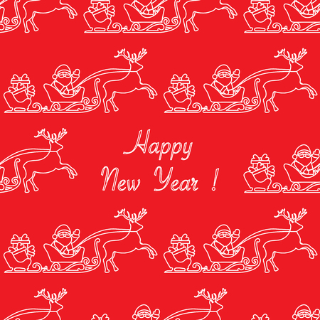 Happy New Year 2019 seamless pattern. Vector illustration Santa Claus with gifts in sleighs with reindeers. Design for print.のイラスト素材