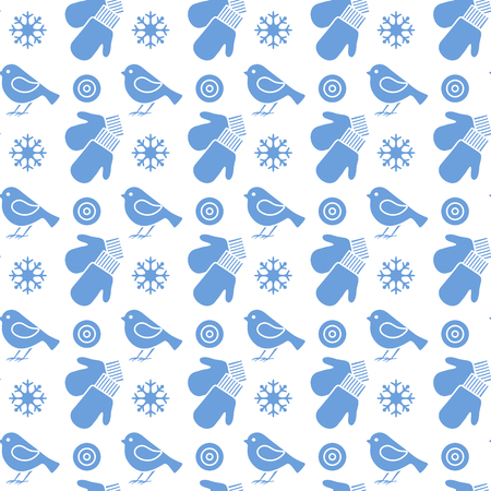 Vector winter seamless pattern with snowflakes, birds, mittens. Christmas and New Year 2019 background. Design for wrapping, fabric, print.のイラスト素材