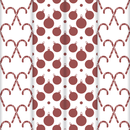 Set of 4 Happy New Year 2019 and Christmas seamless pattern. Vector illustration with candy canes and Christmas balls. Design for wrapping, fabric, print.のイラスト素材