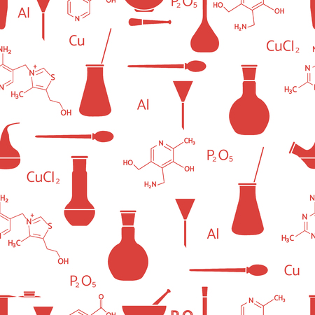 Scientific vector seamless pattern with flasks, test tubes, beakers, tools and formulas. Education elements. Chemistry, biology, medicine.のイラスト素材