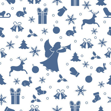 Happy New Year 2019 and Christmas seamless pattern. Winter illustration with angel, mittens, rabbit, sled, gift, snowflakes, deer, bell, Christmas sock, ball, mistletoe, Christmas tree.のイラスト素材