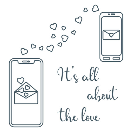 Vector illustration with two mobile phones, hearts and love correspondence. Love message. Happy Valentine's Day. Romantic background.のイラスト素材