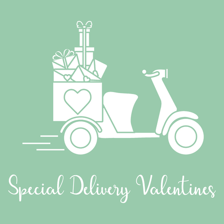 Delivery motorbike. Special delivery valentines. Happy Valentine's Day. Romantic background.のイラスト素材