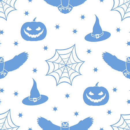 Halloween 2019 vector seamless pattern with cobweb, eagle owl, pumpkin, hat, witch, stars. Design for party card, wrapping, fabric, print.のイラスト素材