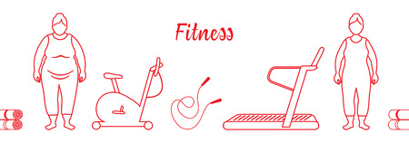 Time to fitness and sports. Healthy lifestyle. Women involved in sports. Slimming. Sports equipment: yoga mats, treadmill, exercise bike, skipping pins.のイラスト素材