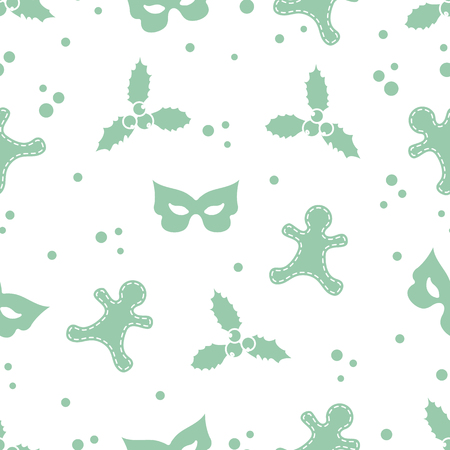 Seamless pattern with gingerbread man, mistletoe, mask. Christmas and New Year 2019 background. Design for packaging paper, fabric and other print.のイラスト素材