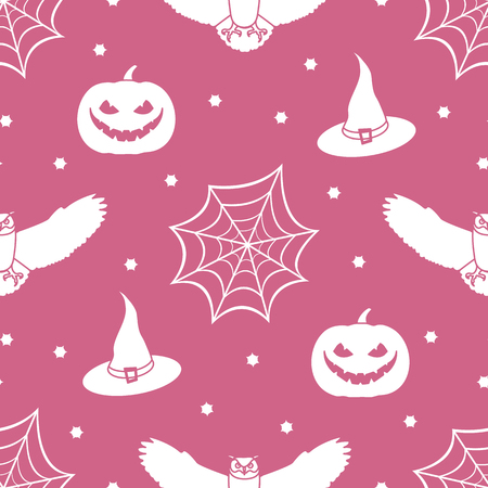 Halloween 2019 vector seamless pattern with cobweb, eagle owl, pumpkin, hat, witch, stars. Design for party card, wrapping, fabric, print.のイラスト素材