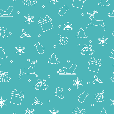 Happy New Year 2019 and Christmas seamless pattern. Winter illustration with mittens, sled, gift, snowflakes, deer, bell, Christmas sock, mistletoe, Christmas tree.のイラスト素材