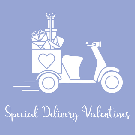 Delivery motorbike. Special delivery valentines. Happy Valentine's Day. Romantic background.のイラスト素材