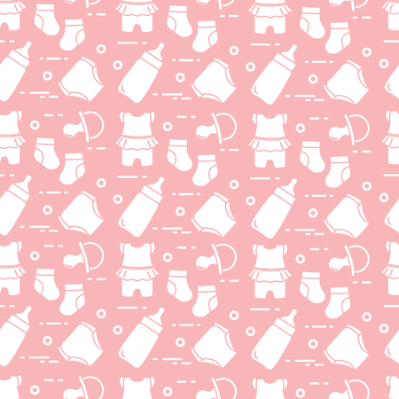 Seamless pattern with goods for babies. Newborn baby background. Baby bottle, nipple, socks, diapers, bodysuit.のイラスト素材