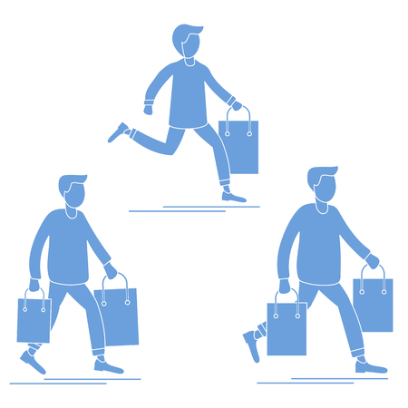 Men carry shopping bags from sale. Shopping men. Big sale. Black Friday. Men bought many gift bags. Special Offer. Design concept for banner, promotional materials, print.のイラスト素材