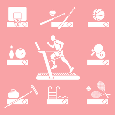 Time to fitness and sports. Healthy lifestyle. Running track with running man. Equipment for playing games and team sports.のイラスト素材