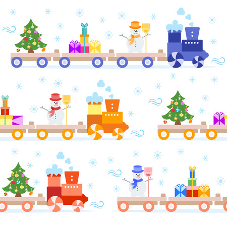 Seamless pattern with Christmas train carries Christmas tree, snowman with broom, gifts. Happy New Year 2019, Christmas card.のイラスト素材