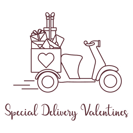 Delivery motorbike. Special delivery valentines. Happy Valentine's Day. Romantic background.のイラスト素材