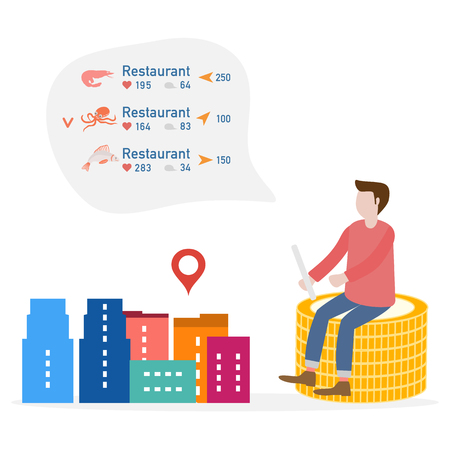 Application of augmented reality: AR for navigation in city. Navigation pointers to different fish restaurant. Man choosing fish restaurant, seafood restaurant by location, comments, likes.のイラスト素材