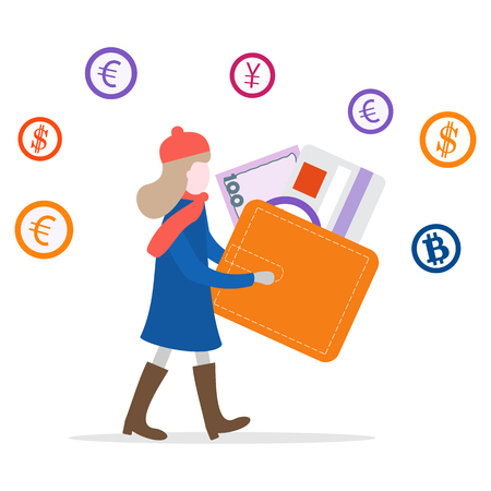 Vector illustration with girl holding wallet, bank card, banknote, coins. Personal finance management. Design for banner, poster or print.のイラスト素材