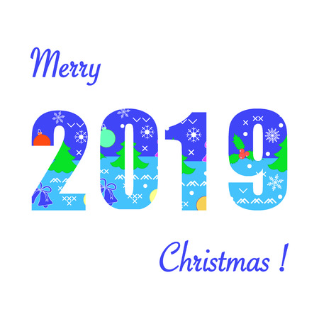 Inscription Merry Christmas and numbers 2019 decorated with Christmas symbols. Festive background.のイラスト素材