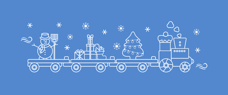 Funny vector illustration with Christmas train carries Christmas tree, snowman with broom, gifts. Happy New Year 2019, Christmas card.のイラスト素材