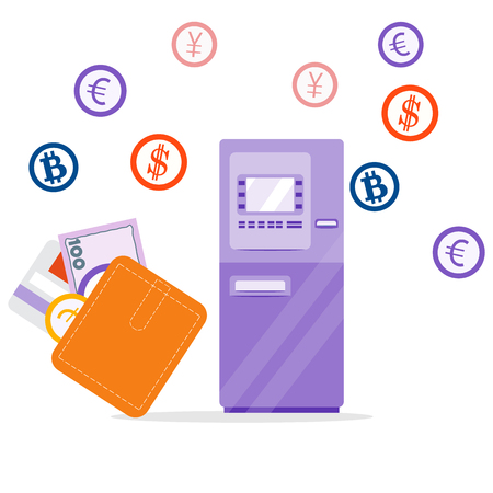 Vector illustration with automatic teller machine or ATM, coins, currencies, wallet with bank card, banknote. Personal finance management. Design for banner, poster or print.のイラスト素材