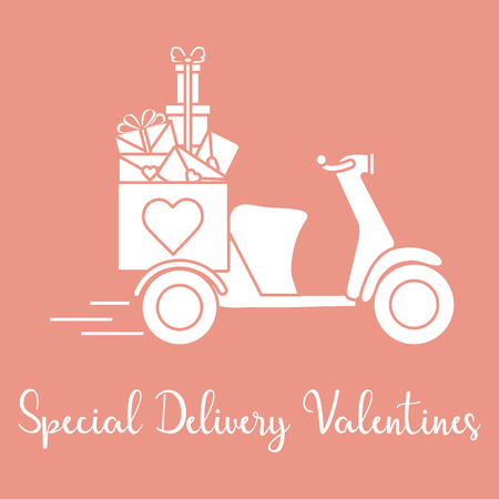 Delivery motorbike. Special delivery valentines. Happy Valentine's Day. Romantic background.のイラスト素材