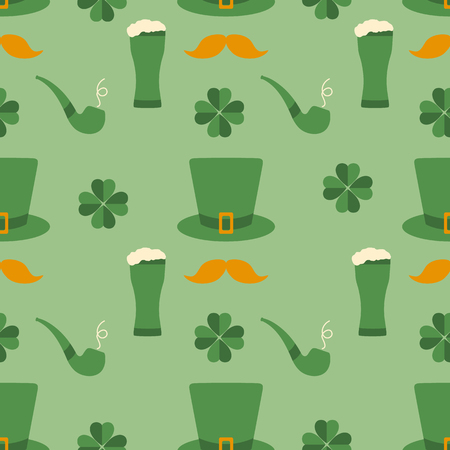 Seamless pattern with clover leaves, mustache, glass of beer, hat, smoking pipe. St. Patrick's Day. Holiday background. Irish vector pattern. Design for banner, poster, textile, print.のイラスト素材