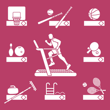 Time to fitness and sports. Healthy lifestyle. Running track with running man. Equipment for playing games and team sports.のイラスト素材