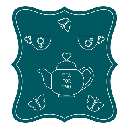 Vector illustration with teapot and two cups of tea with gender signs, butterflies. Tea for two. Happy Valentine's Day. Design for party card, banner, poster or print.のイラスト素材