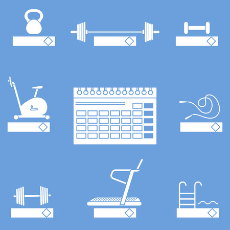 Time to fitness. 2019 fitness concept with sports equipment. Healthy lifestyle. Calendar, weight, barbell, dumbbells, jumpers, treadmill, pool, exercise bike.のイラスト素材